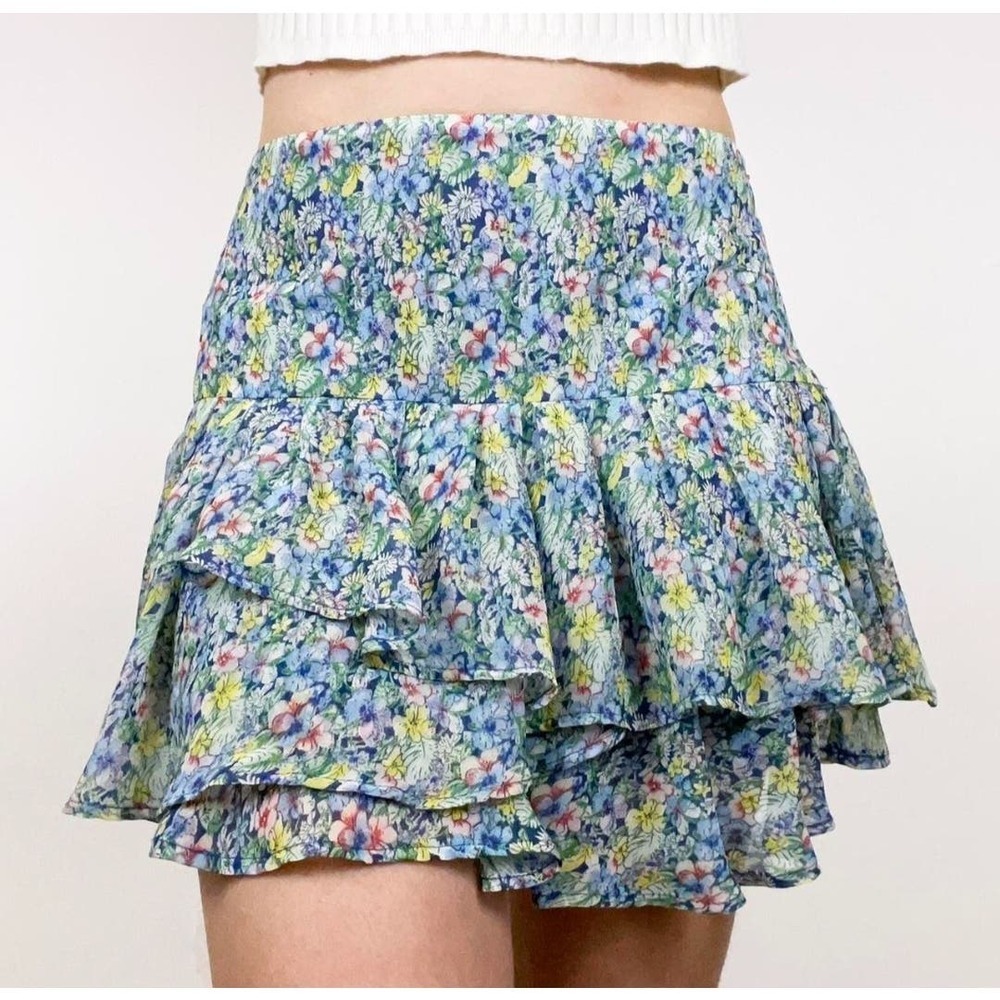 MNG MANGO Blue Floral Blue Multicolor Cottagecore Boho Ruffle Mini Skirt Sz 12